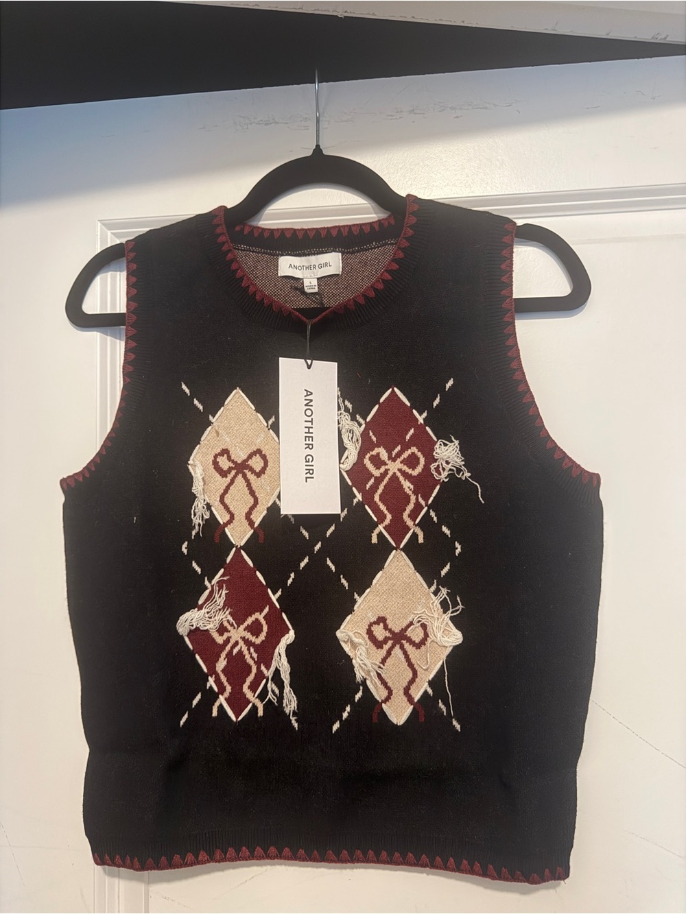 Another Girl Black Argyle Knit Vest with Burgundy and Cream Diamonds